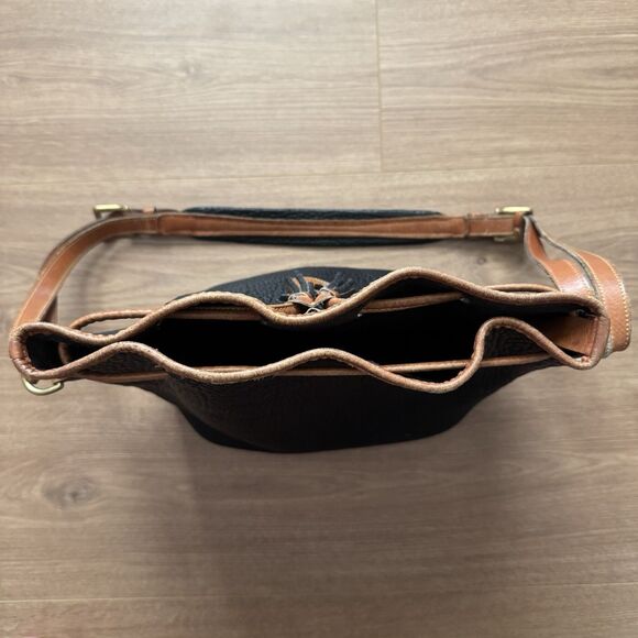 VTG 80s Dooney & Bourke All Weather Leather Drawstring Bucket Bag Black Tan USA - Picture 9 of 14